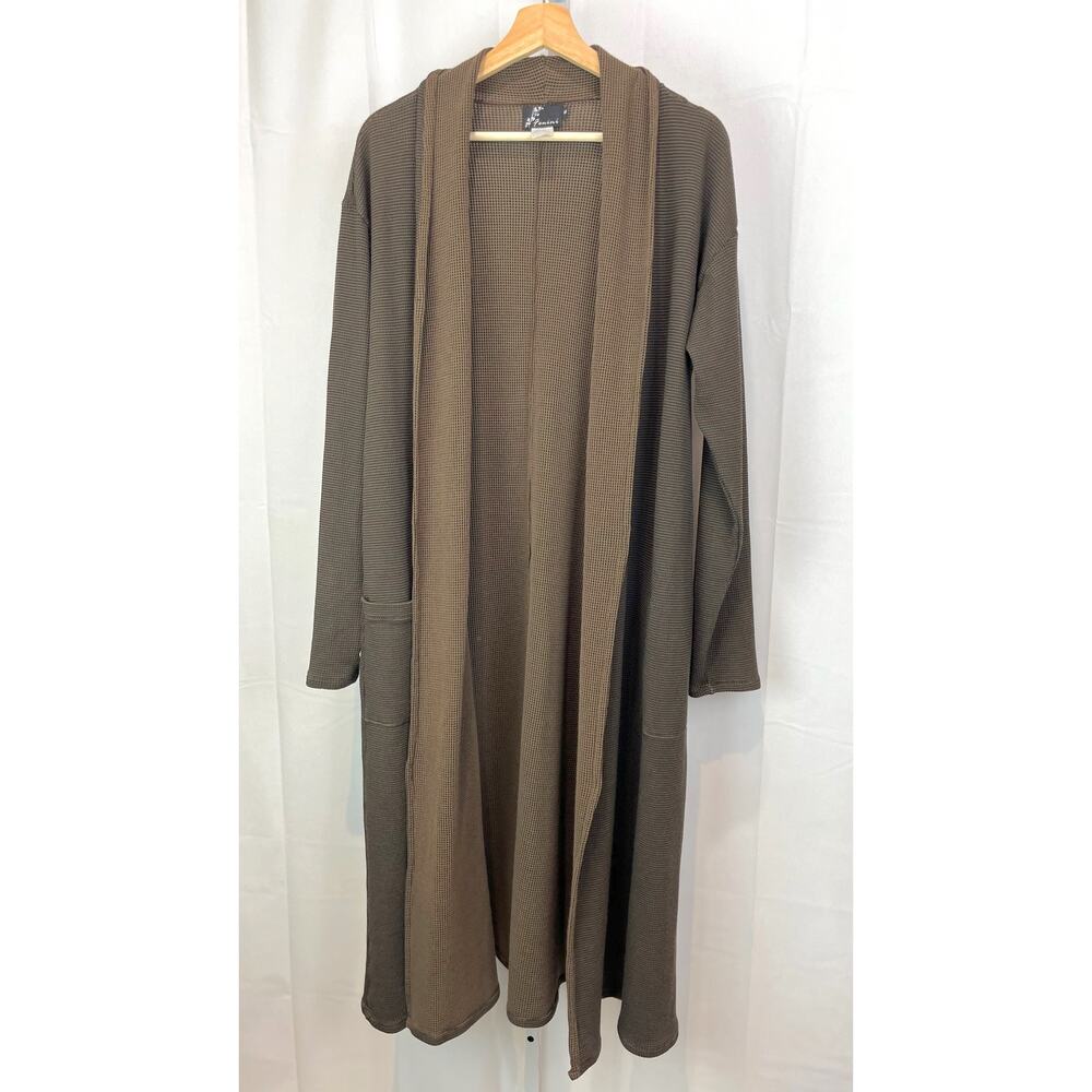 FENINI S Open Front Duster Cardigan Waffle Textured Knit Pockets USA Brown Black
